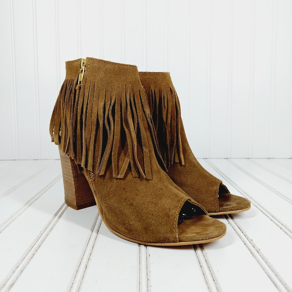 🔥 Carlos Santana Fringed Heeled Brown Suede Open Toe Ankle Booties - Picture 4 of 14